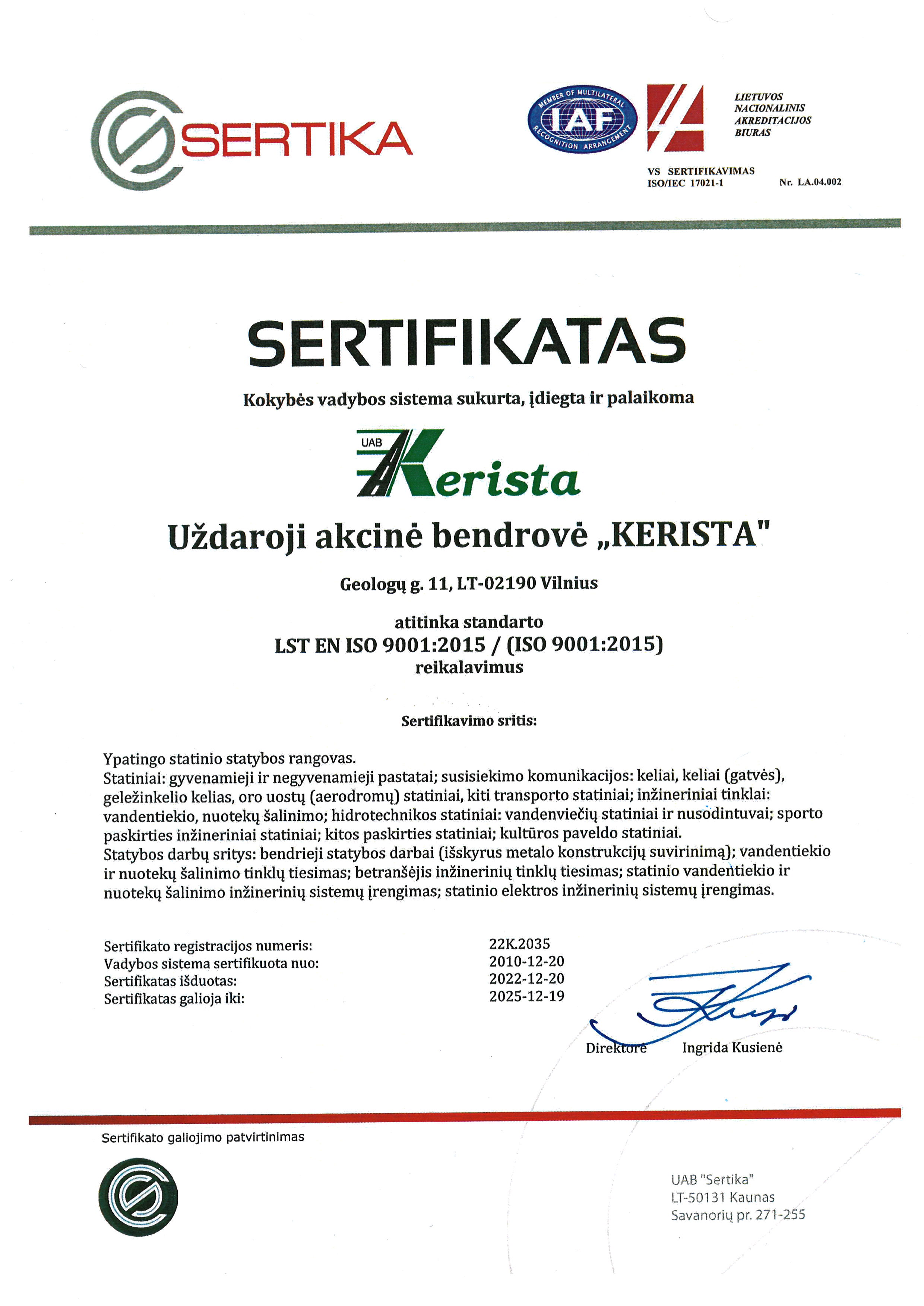 ISO 14001 aplinkosauogos vadybos sistemos standarto sertifikatas